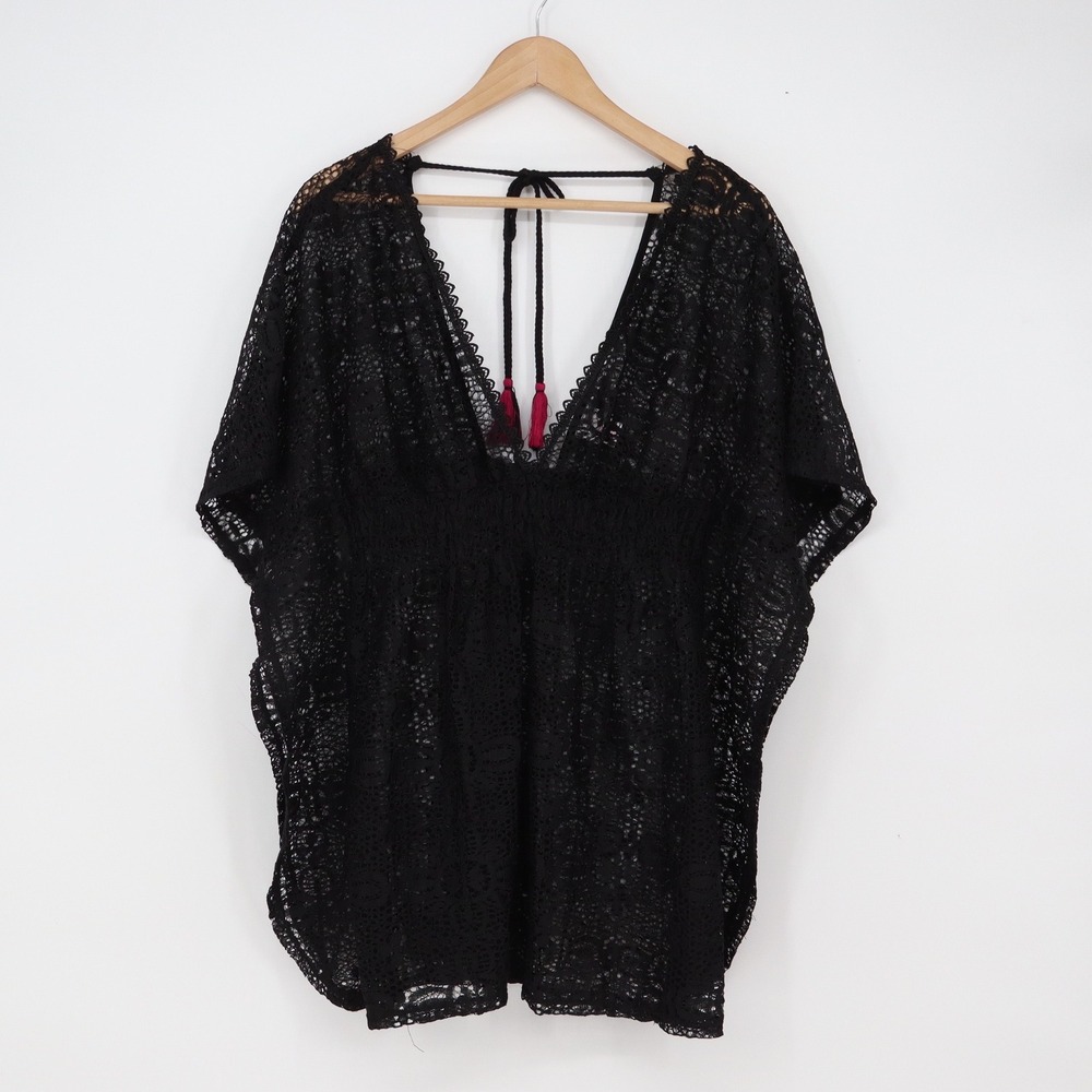 Xhilaration Swim Cover Up Womens Medium Black Lace V-Neck Tassel Boho Excellent
